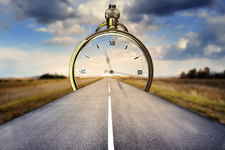 time, watch, road, fantasia, sky, direction, clock, the way forward
