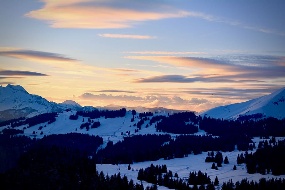 aerial photo of snowfield surrounded by trees, snowy mountain at daytime HD wallpaper