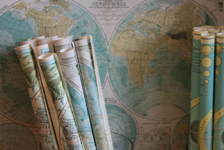 globe map scroll lot, world map hemispheres, rolled, wander, adventure HD wallpaper