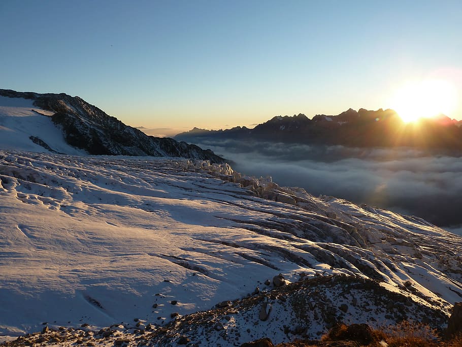 Landscape, Mountain, Glacier, Lying, Sun, lying sun, sky, snow HD wallpaper