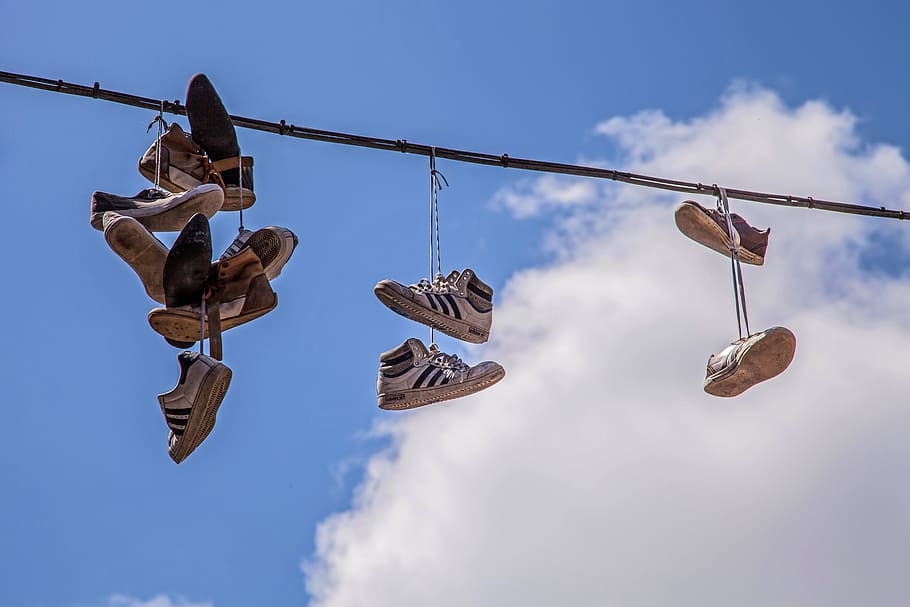 shoe, rope, air, clouds, sky, cloud - sky, hanging, low angle view HD wallpaper