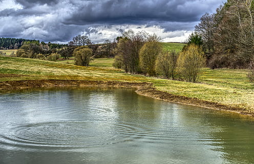 body of water near grass field, nature, waters, reflection HD wallpaper