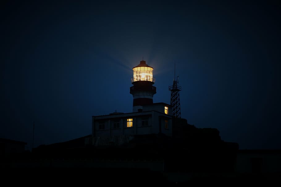 black lighthouse during night, building, coast, landmark, architecture HD wallpaper
