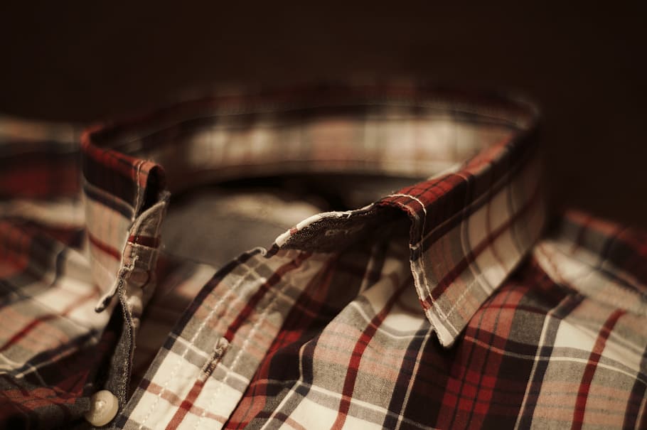 closeup photography white and red plaid collared top, shirt, men