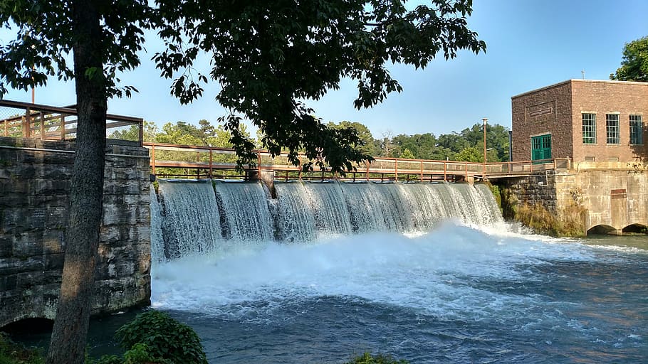 waterfall, dam, outdoor, tree, architecture, built structure HD wallpaper