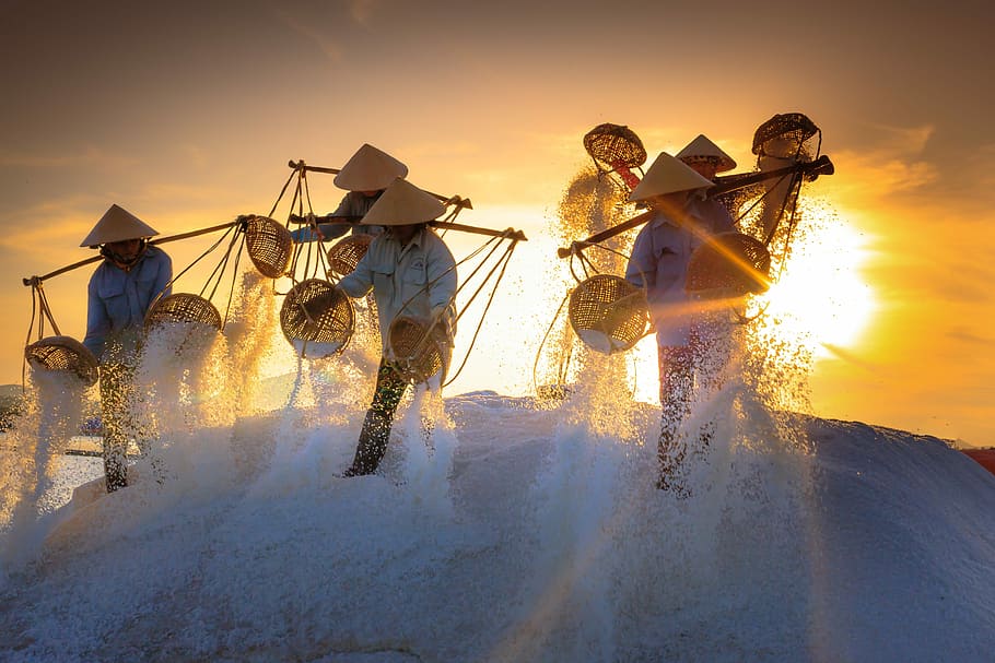 group of people wearing sakat, salt, field, nha trang, dawn, province