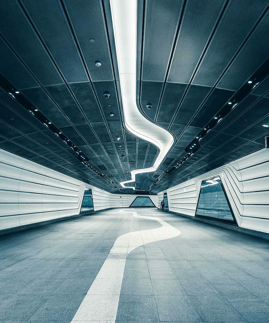 Wynyard Shapes, white and black metal hallway, underground, station HD wallpaper