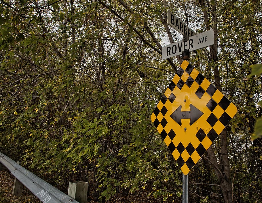 sign, river, trees, navigation, plant, yellow, nature, no people HD wallpaper