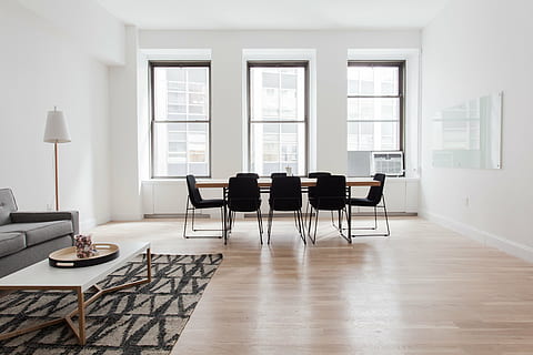brown wooden table with black chairs, white, center, interior HD wallpaper