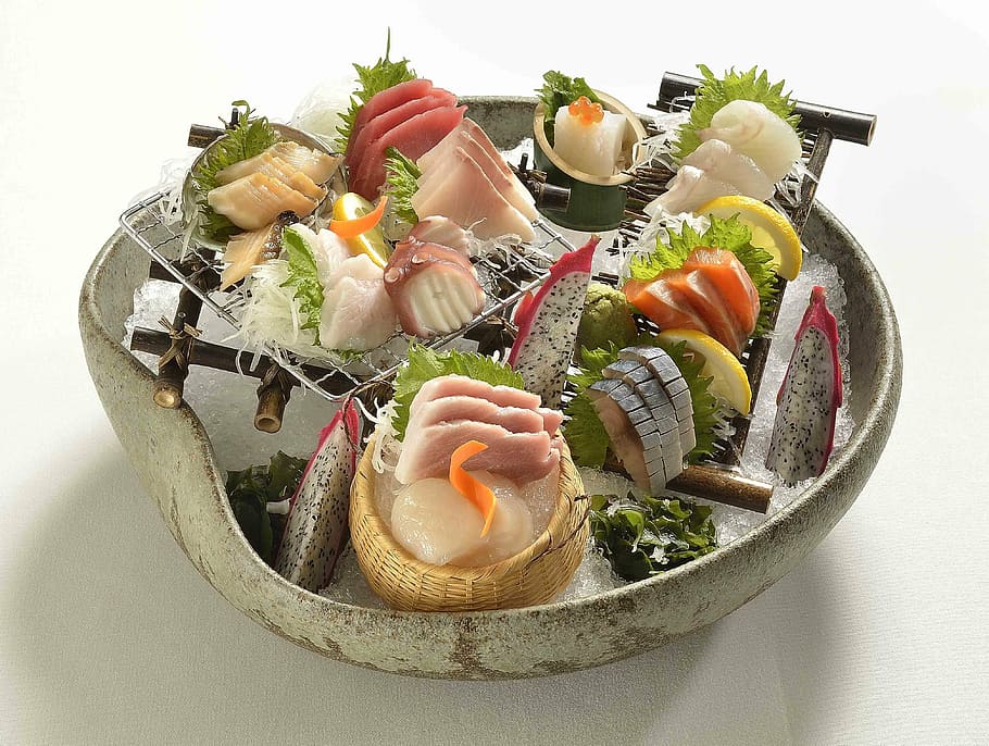 sashimi served on white ceramic pot, asian food, sushi, seafood, HD wallpaper