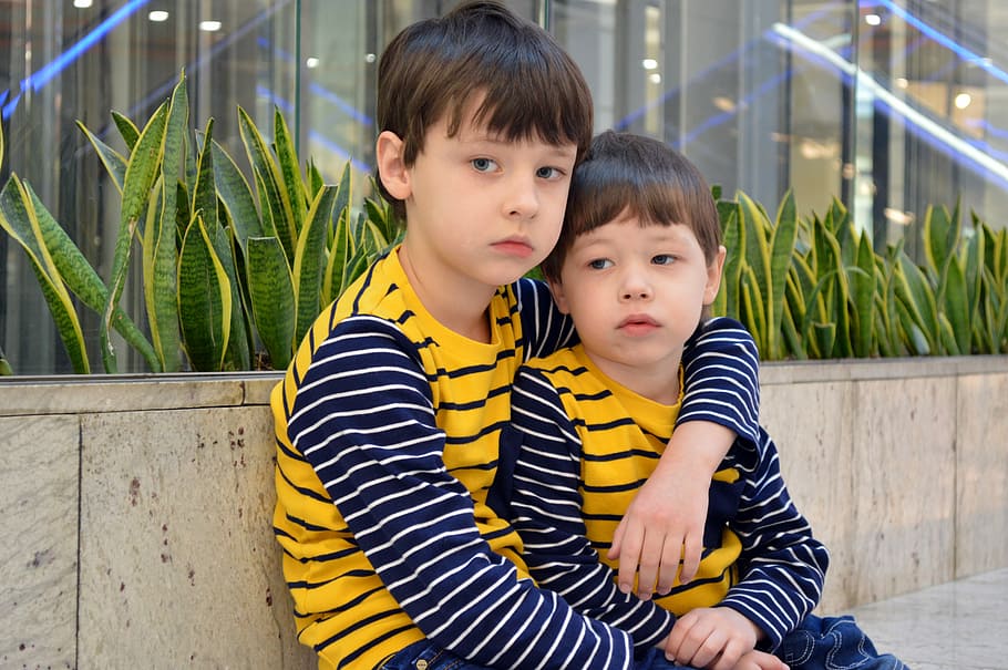 two boys wearing striped sweatshirts, kids, brothers, baby, family