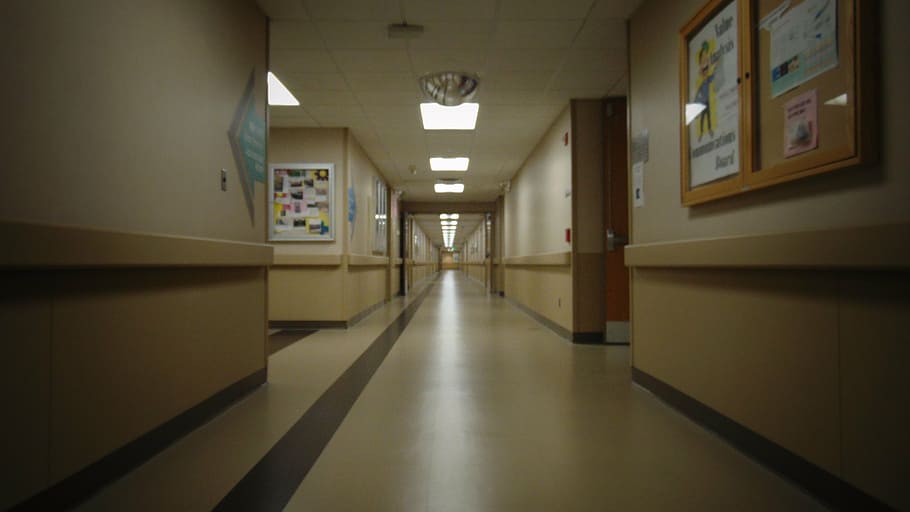photograph of hallway, hospital, doctor, nurse, medical, health