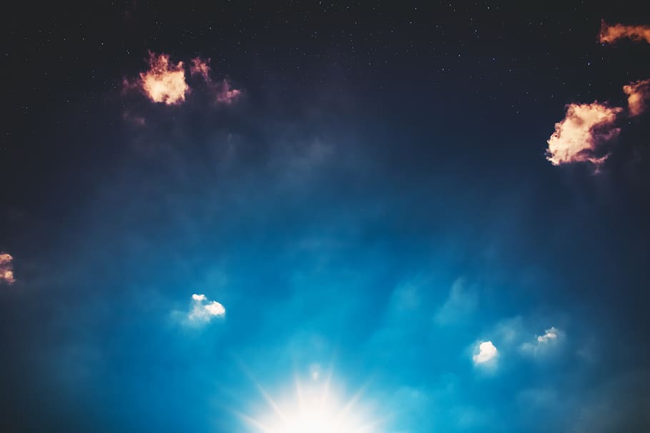 sky, star, starry sky, clouds, sun, rays, blue, beautiful, dreams HD wallpaper