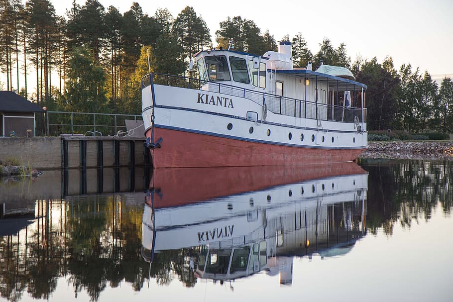 lake, ship, boat, tree, water, plant, reflection, nature, text HD wallpaper