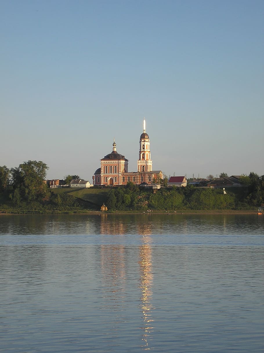 church, river, beach, sky, spire, belfry, reflection, view