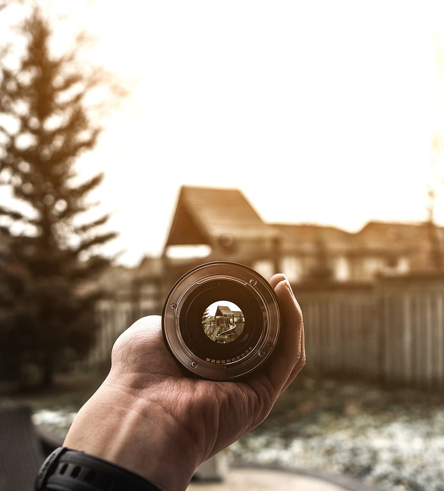 person holding telescope, black camera lens, vision, hand, tree HD wallpaper