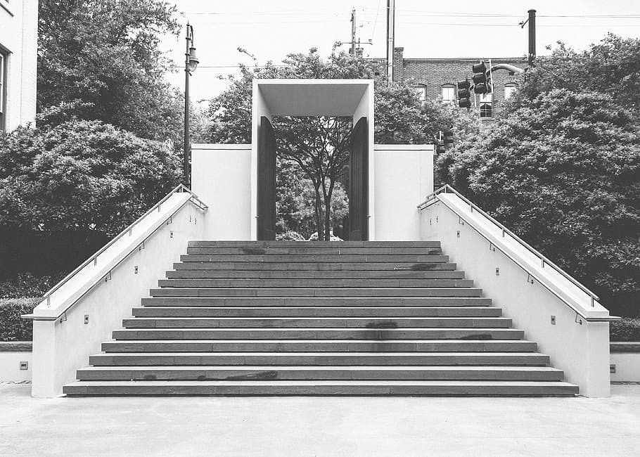 steps, railing, gate, entrance, city, trees, black and white HD wallpaper