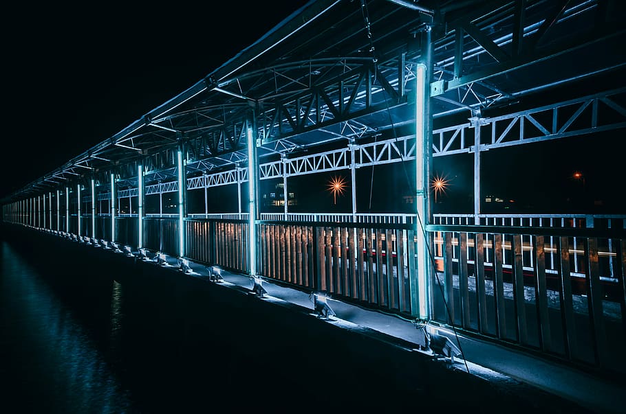 brown concrete bridge with LED lights during nighttime, harbour bridge