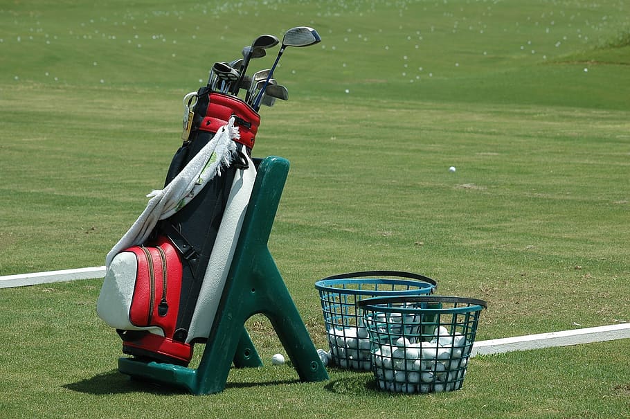 red and black leather golf bag on ground, clubs, ball, sport, HD wallpaper