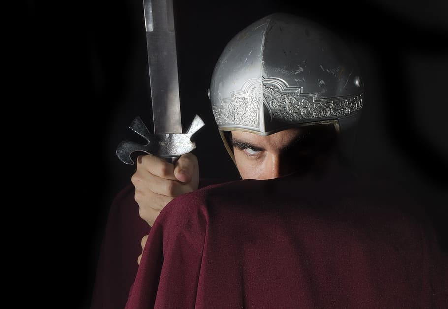 man in red cape and silver helmet holding silver sword, roman HD wallpaper