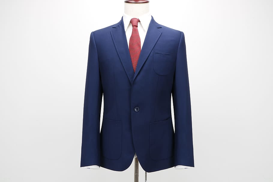 blue suit jacket and red necktie in mannequin, clothing, suits HD wallpaper