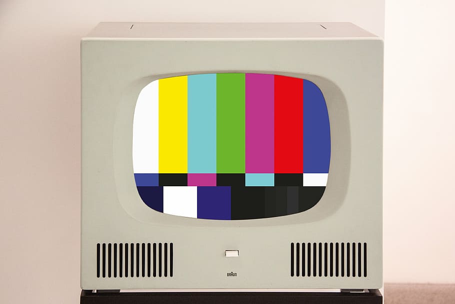 white TV showing TV test card, test image, hf 1, design, herbert hirche, HD wallpaper