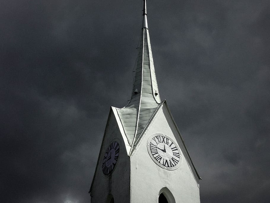white concrete tower under gray clouds, Time Rewind, church, clock tower HD wallpaper