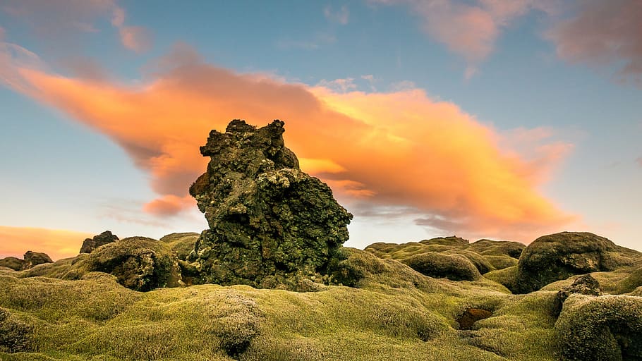 green rock formation at daytime, clouds, moss, nature, sky HD wallpaper