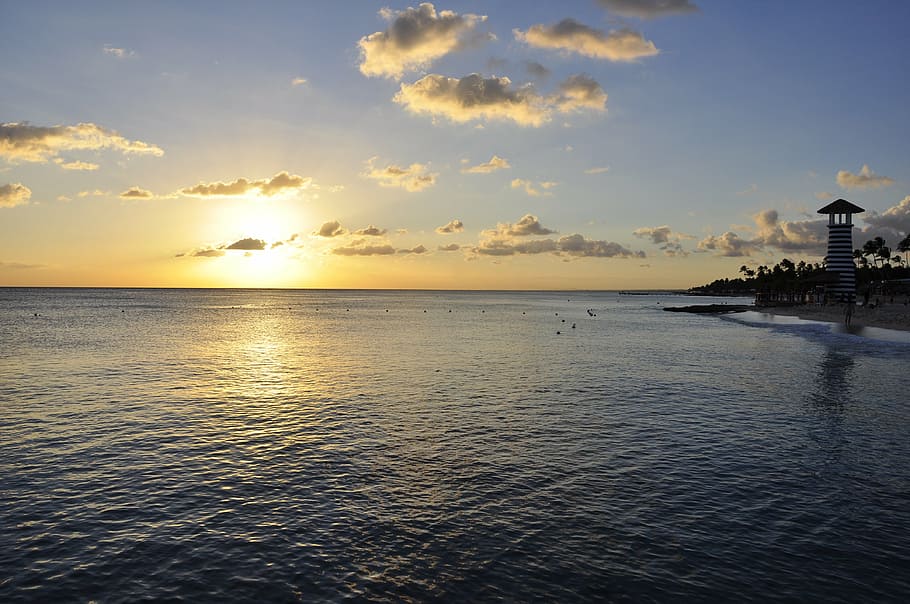sunset, dom rep, sea, blue, water, lighthouse, holiday, yellow HD wallpaper