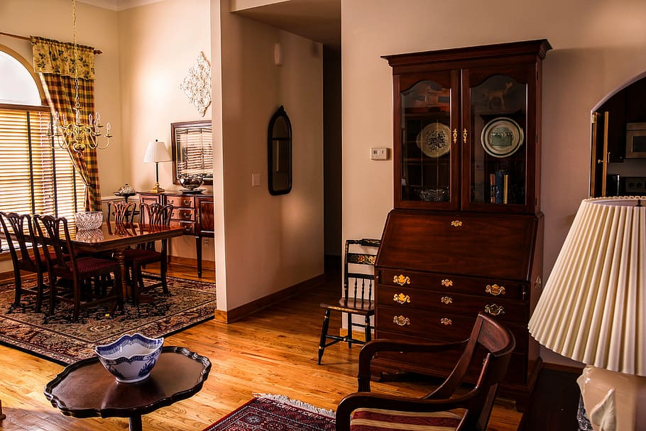 brown wooden armchair, dining room, table, chairs, secretary HD wallpaper
