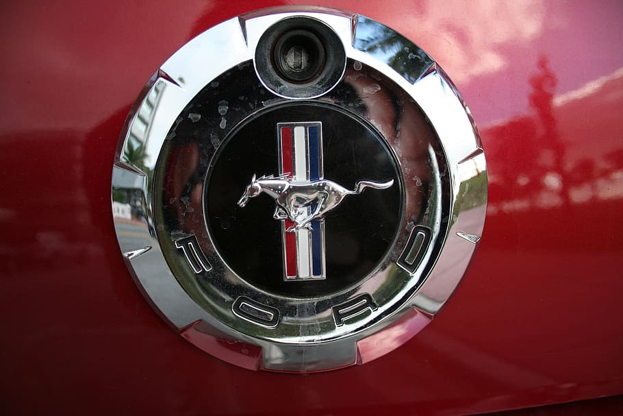 Ford Mustang emblem, ford logo, car, red, close-up, metal, shape, HD wallpaper