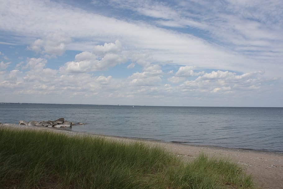 beach, sky, grass, ocean, water, clouds, relaxation, outdoor HD wallpaper