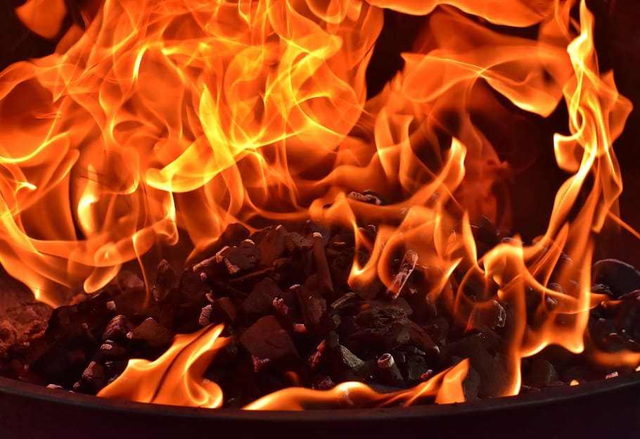 coal on fire, flame, carbon, burn, hot, mood, campfire, fireplace, HD wallpaper