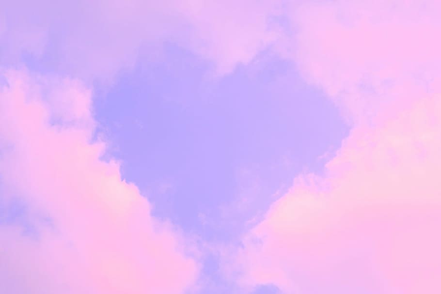 purple heart shape cloud, backgrounds, blue, nature, sky, summer, HD wallpaper