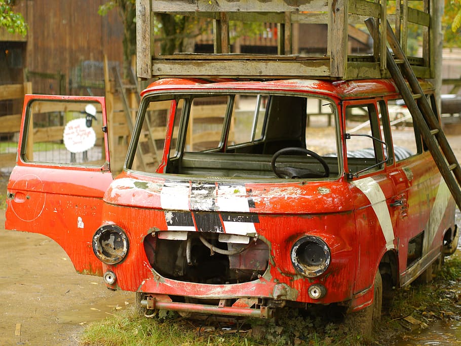 wrecked red van parked near building during daytime, barkas HD wallpaper