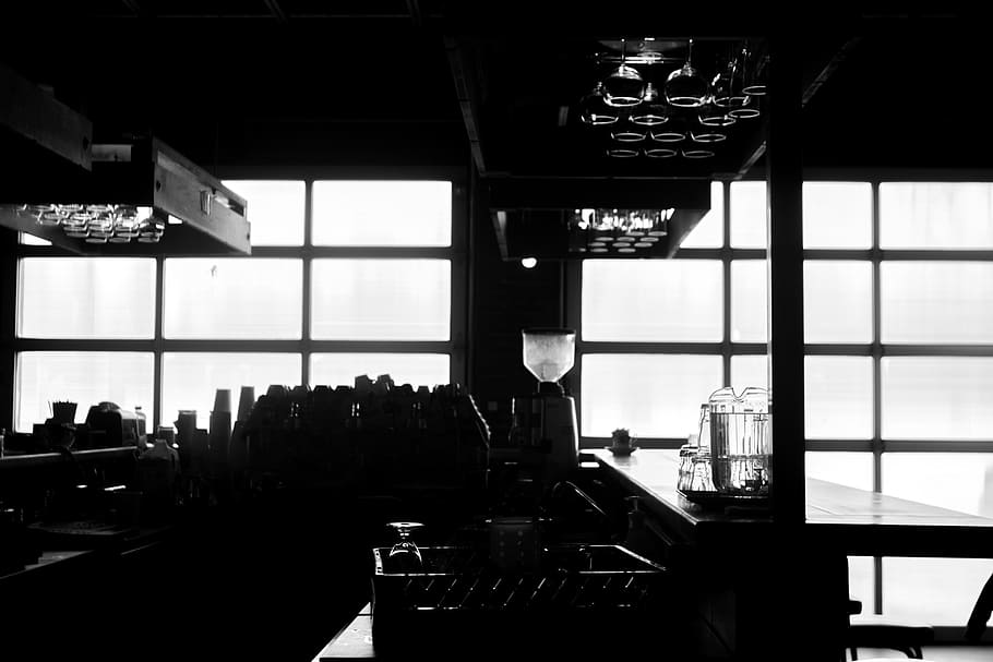 bar, glasses, drinks, pitcher, black and white, indoors, table HD wallpaper