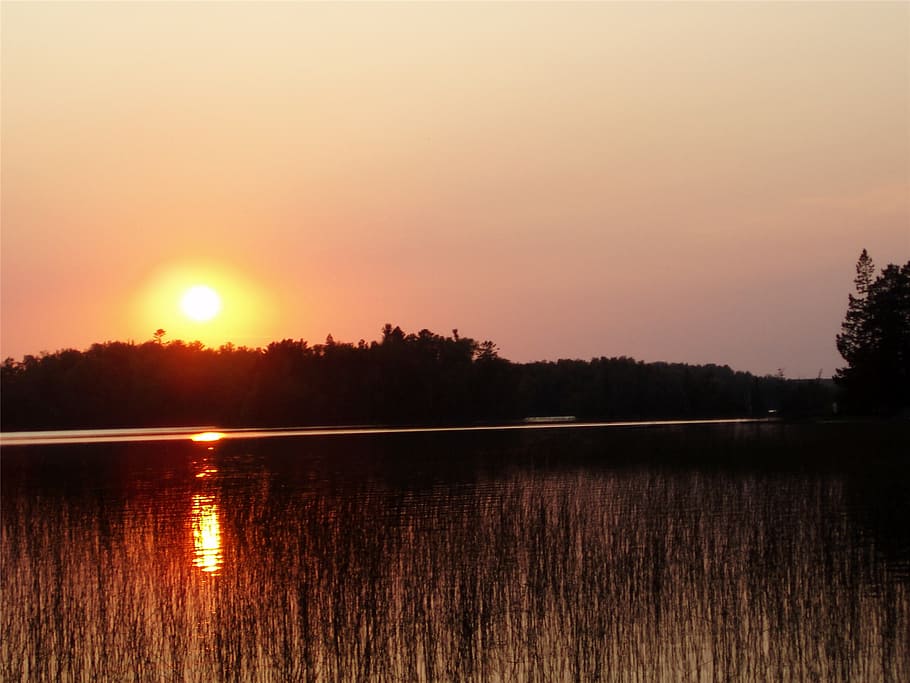sunset, pink sky, reflection, lake, evening, peaceful, water HD wallpaper