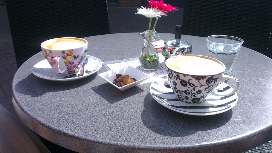 Coffee, Cappuccino, Cups, Drinking, Cafe, morning, table, plate HD wallpaper