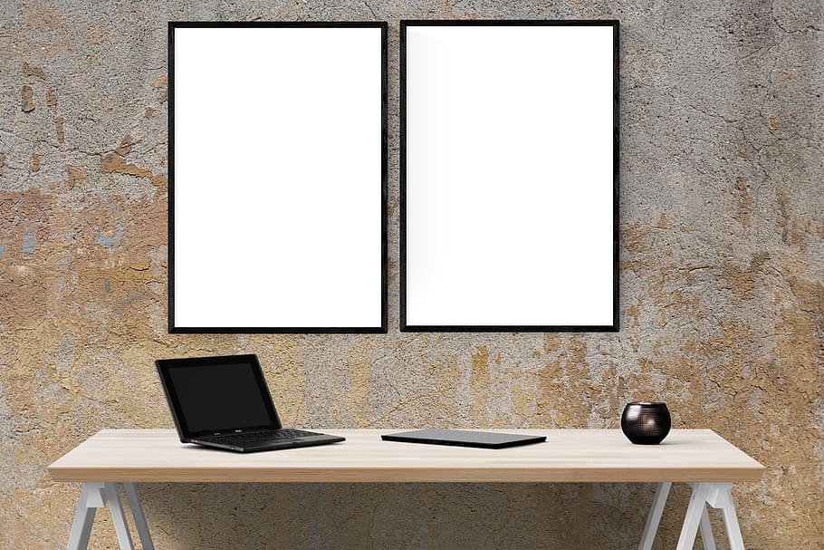 black laptop computer on brown wooden table, mockup, wall, poster HD wallpaper