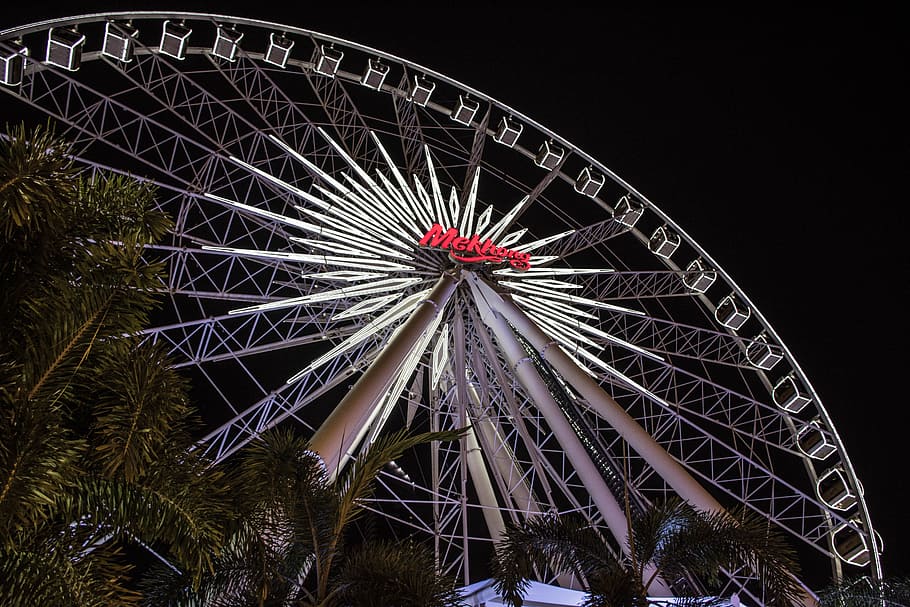 building, light, ferris wheel, cool, sky, buildings, sunset HD wallpaper