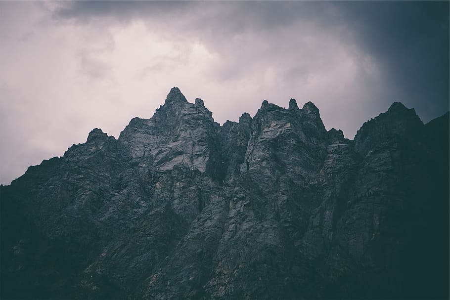 mountains, cliffs, rocks, clouds, cloudy, dark, sky, beauty in nature HD wallpaper