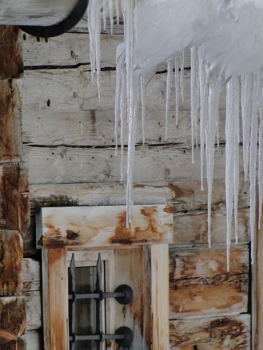 winter, icicle, hut, window, frost, vacation, hauswand, winter magic HD wallpaper