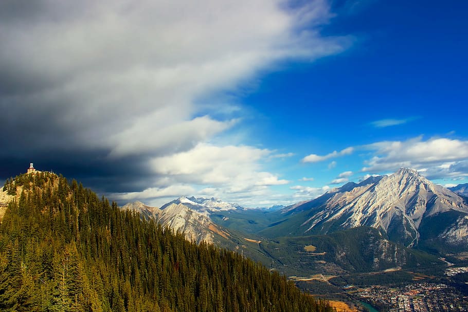 banff, canada, alberta, mountains, sky, clouds, forest, trees HD wallpaper