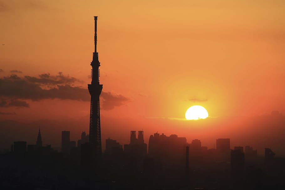 silhouette photo of tower during golden hour, concrete, building HD wallpaper