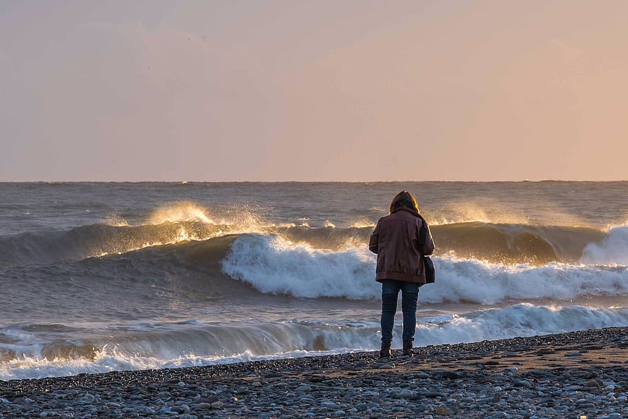 sea, waters, beach, wave, surf, longing, motion, rear view HD wallpaper