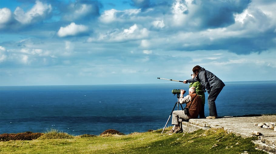 three people looking at the sea, binoculars, search, view, sky HD wallpaper
