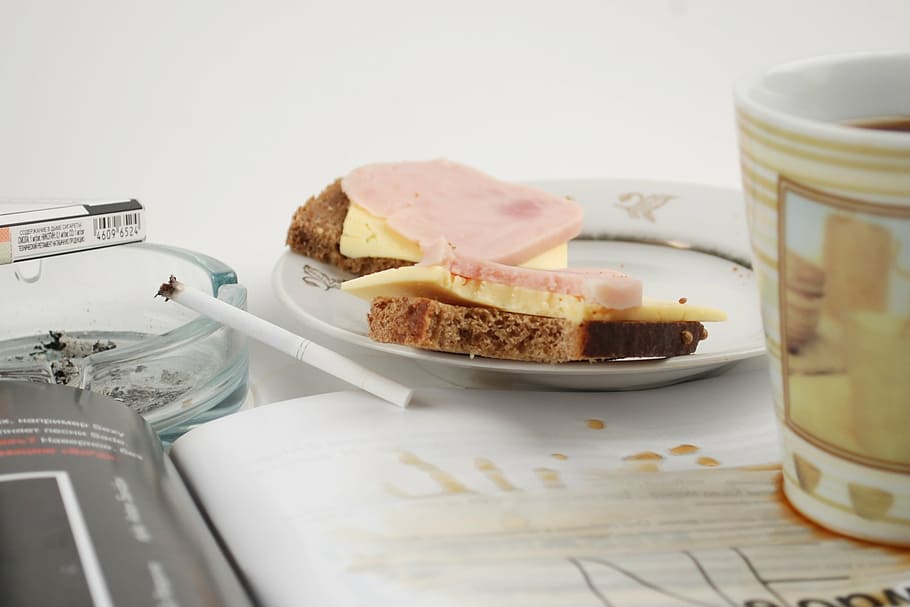 breakfast, a sandwich, rush, staging, plate, mug, nutrition HD wallpaper