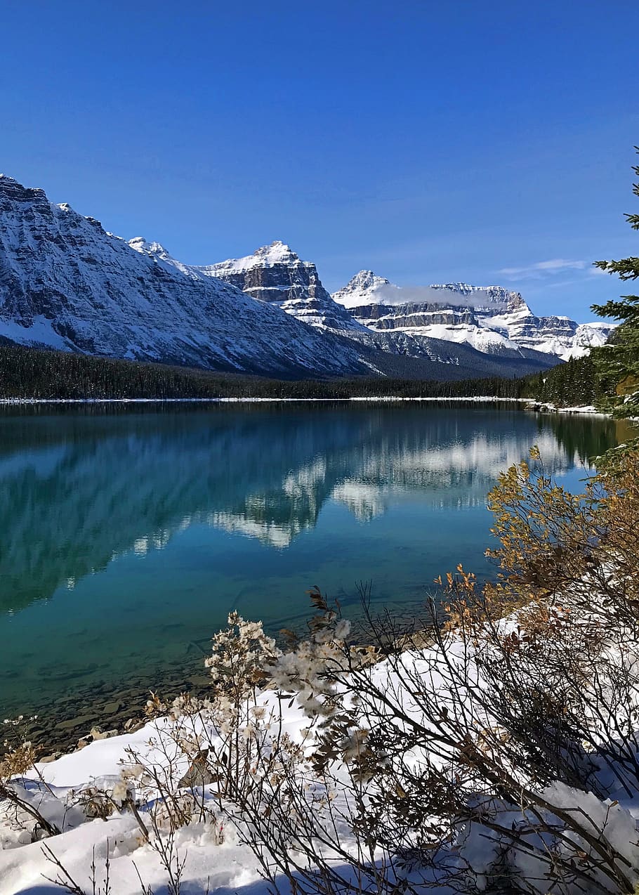reflection, water, nature, mountains, winter, cold temperature HD wallpaper