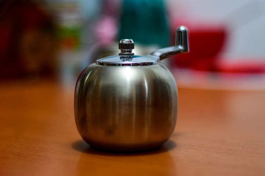 container, steel, table, indoors, no people, close-up, focus on foreground HD wallpaper
