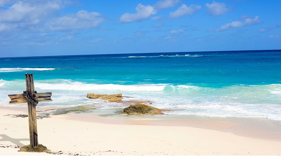 cross, beach, caribbean, sea, water, horizon over water, sky HD wallpaper
